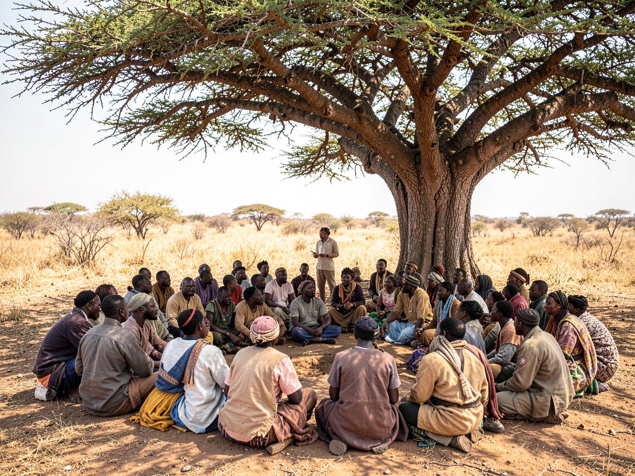 Community members meeting under an acacia tree